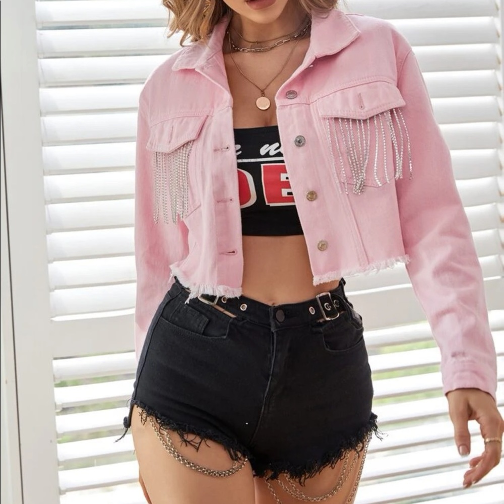 Crop denim with rhinestone fringe